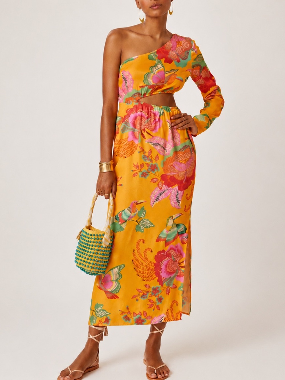 Farm Rio One-Shoulder Tropical Cutout Maxi Dress Yellow Floral Size M